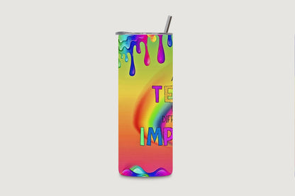 Rainbow paint-drip teacher water bottle rotating video, showing the design on all sides.