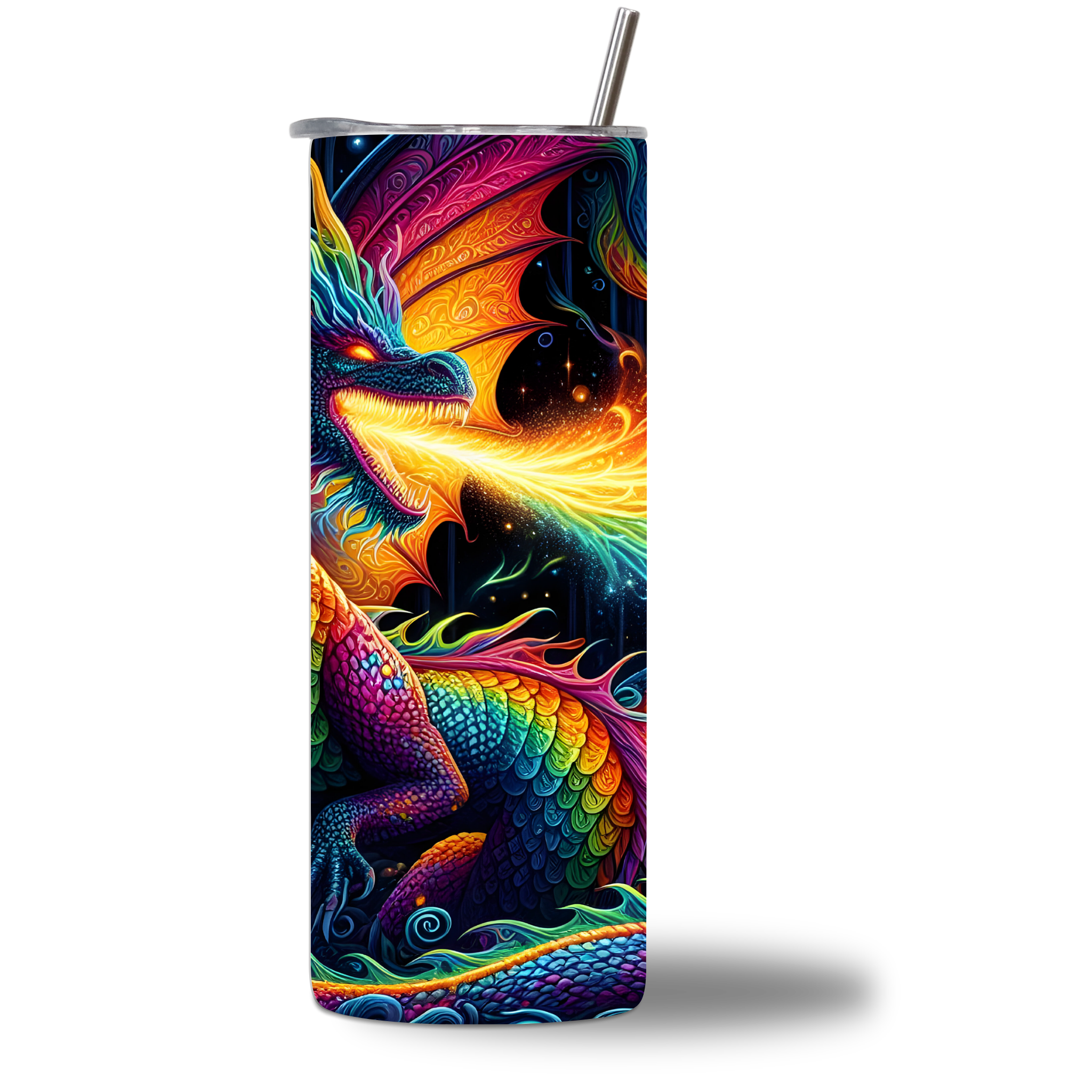 Cosmic Dragon Water Bottle - Rainbow Scales and Cosmic Fire Breath - rotating - Chatterbox Boutique