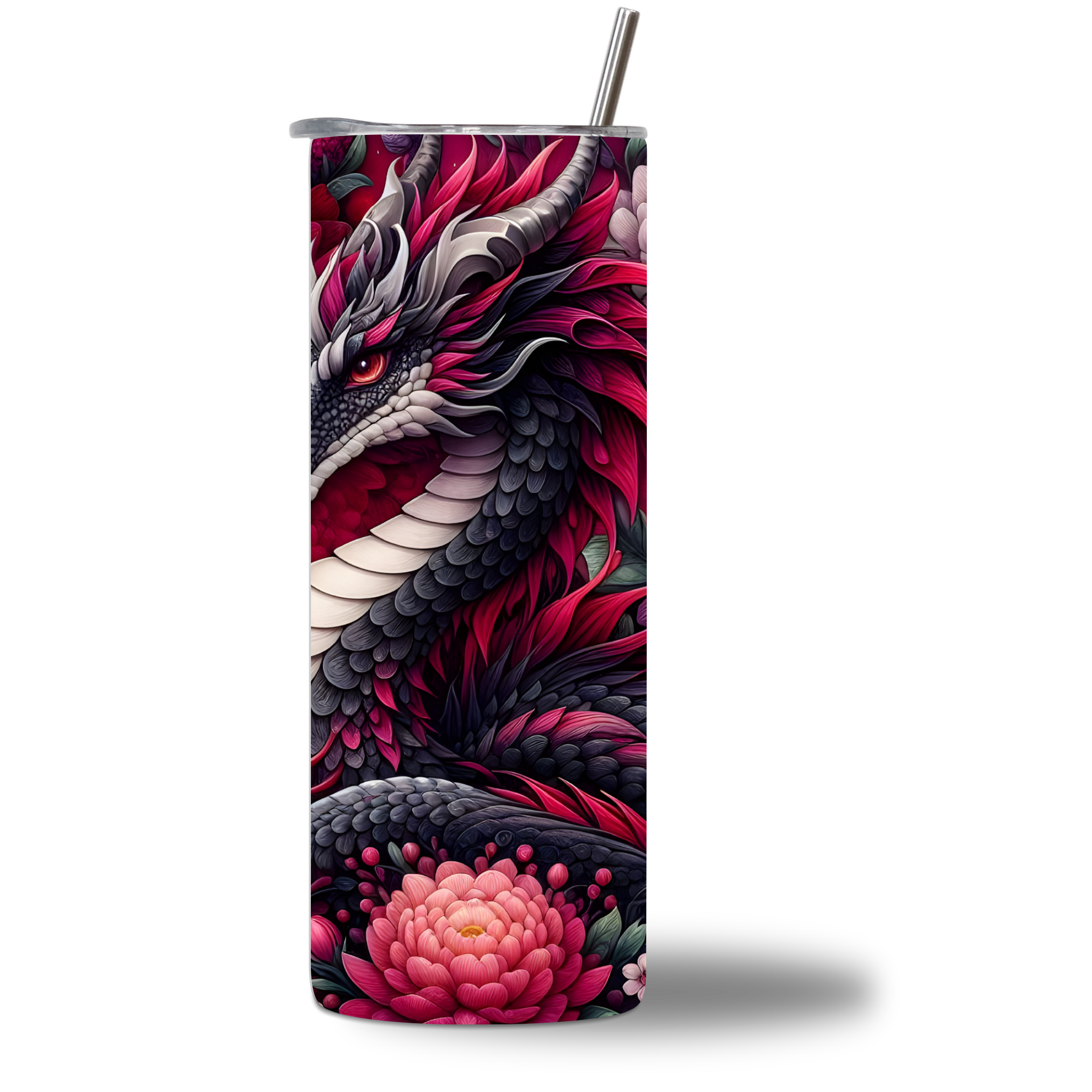 20oz water bottle rotating video showing the Crimson Dragon design on all sides.