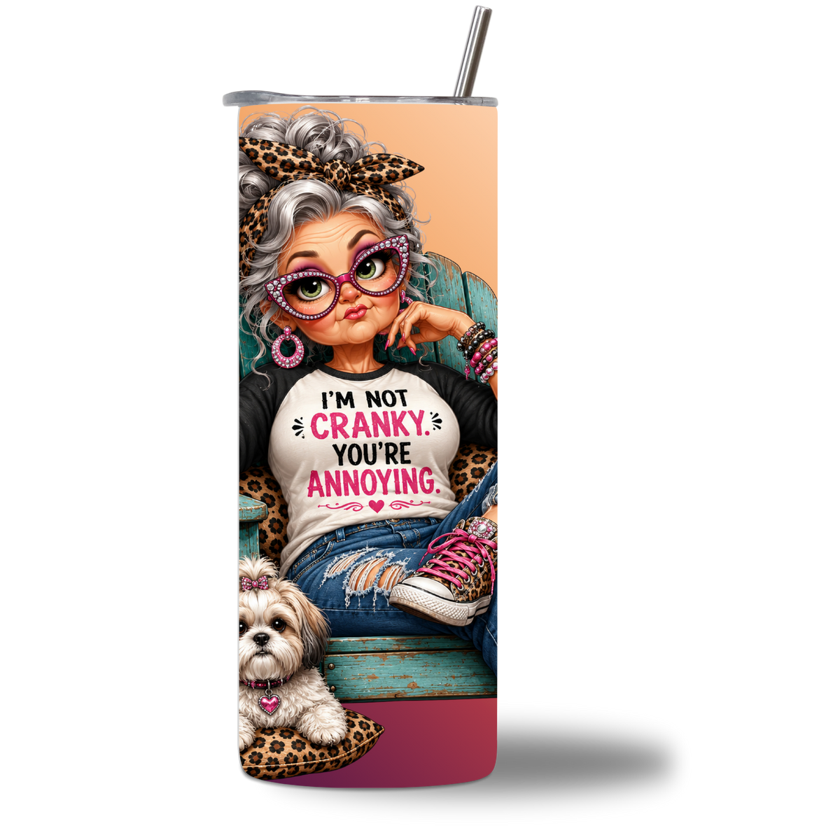 Seasoned & Snarky 20 oz water bottle featuring "I'm Not Cranky, You're Annoying" rotating design.