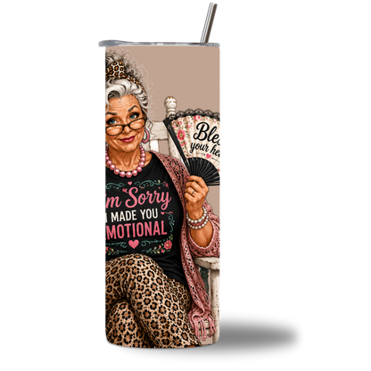 Seasoned & Snarky 20oz water bottle rotating video showing the "Made You Emotional" design on all sides.
