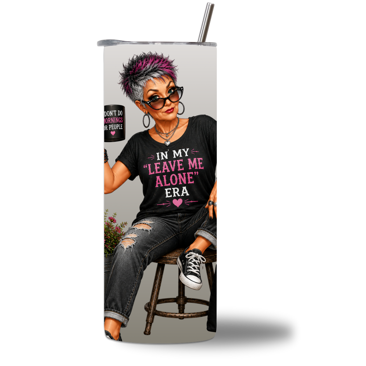 Seasoned & Snarky 20oz water bottle rotating video showing the "Leave Me Alone Era" design on all sides.