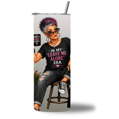 Seasoned & Snarky 20oz water bottle rotating video showing the "Leave Me Alone Era" design on all sides.