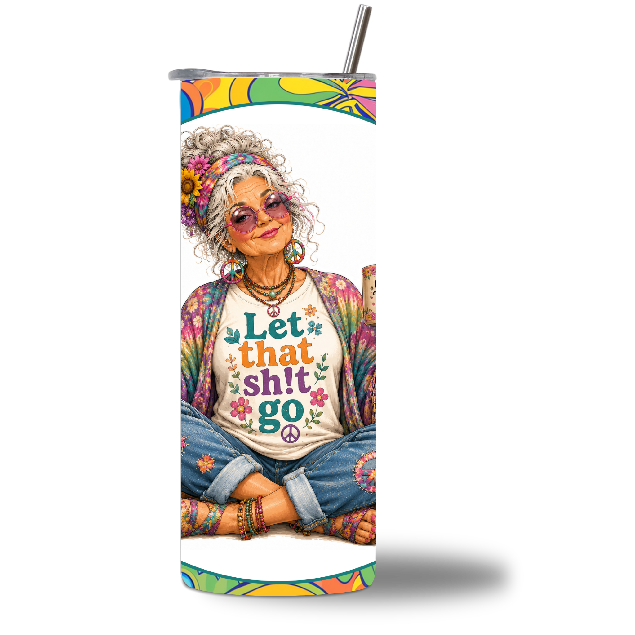 Seasoned & Snarky 20oz water bottle featuring a peace-sign, free-spirit hippie, "Let That Sh!t Go" rotating design