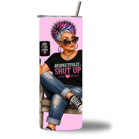 Seasoned & Snarky 20oz water bottle rotating video showing the "Respectfully... Shut Up" design on all sides.