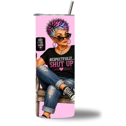 Seasoned & Snarky 20oz water bottle rotating video showing the "Respectfully... Shut Up" design on all sides.