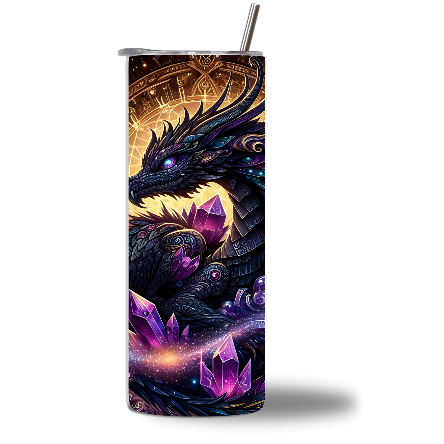 Black Crystal Dragon - The Mystic 20oz water bottle - dark dragon with purple amethyst crystals and celestial symbols - Chatterbox Boutique