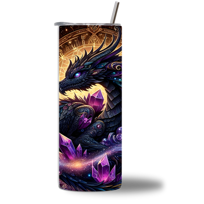 Black Crystal Dragon - The Mystic 20oz water bottle - dark dragon with purple amethyst crystals and celestial symbols - Chatterbox Boutique