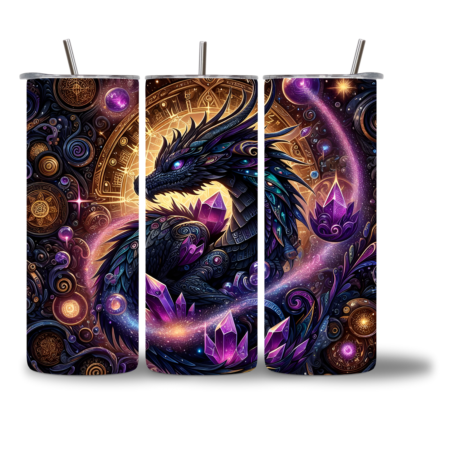 Black Crystal Dragon - The Mystic 20oz water bottle - three views showing full dark fantasy cosmic wrap design - Chatterbox Boutique