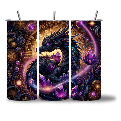 Black Crystal Dragon - The Mystic 20oz water bottle - three views showing full dark fantasy cosmic wrap design - Chatterbox Boutique