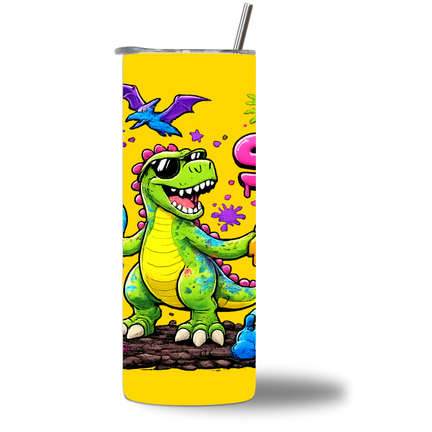 Rexie 6-7 20oz Water Bottle - neon T-Rex with balloons and paint splats on yellow background - Chatterbox Boutique