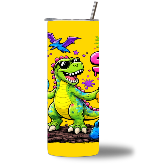 Rexie 6-7 20oz Water Bottle - neon T-Rex with balloons and paint splats on yellow background - Chatterbox Boutique