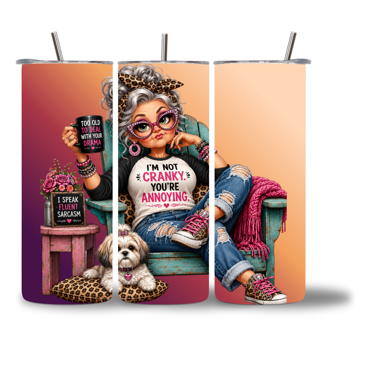 Seasoned & Snarky 20oz water bottle featuring "I'm Not Cranky. You're Annoying."