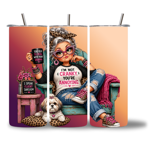 Seasoned & Snarky 20oz water bottle featuring "I'm Not Cranky. You're Annoying."