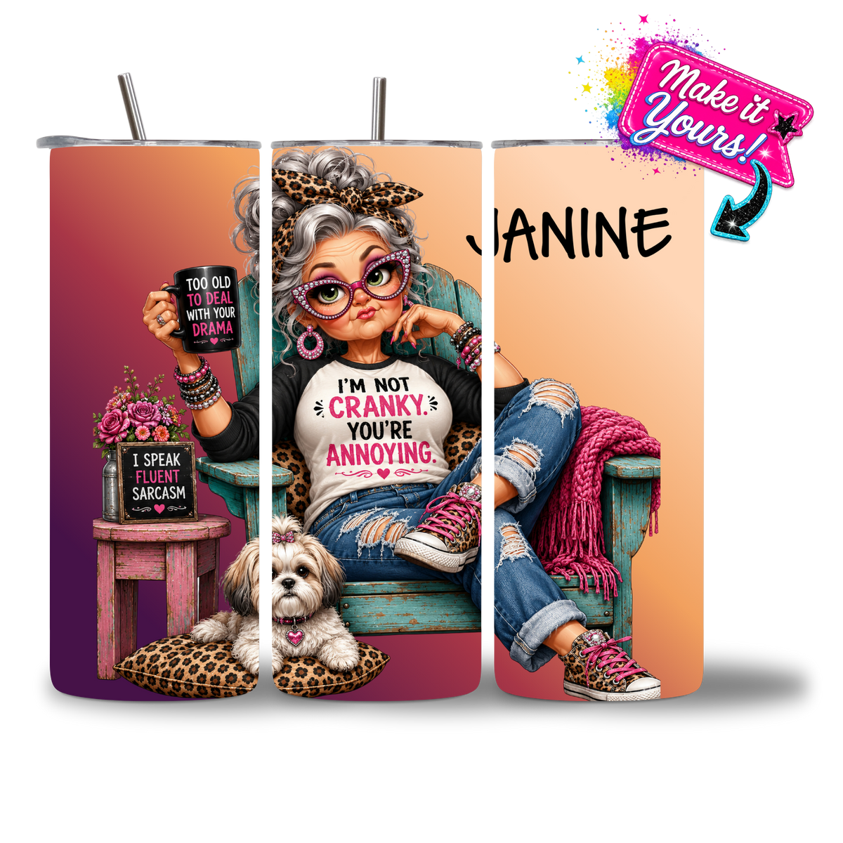 Seasoned & Snarky personalized 20oz water bottle featuring "I'm Not Cranky. You're Annoying."