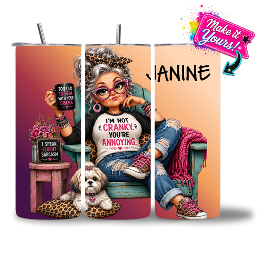 Seasoned & Snarky personalized 20oz water bottle featuring "I'm Not Cranky. You're Annoying."