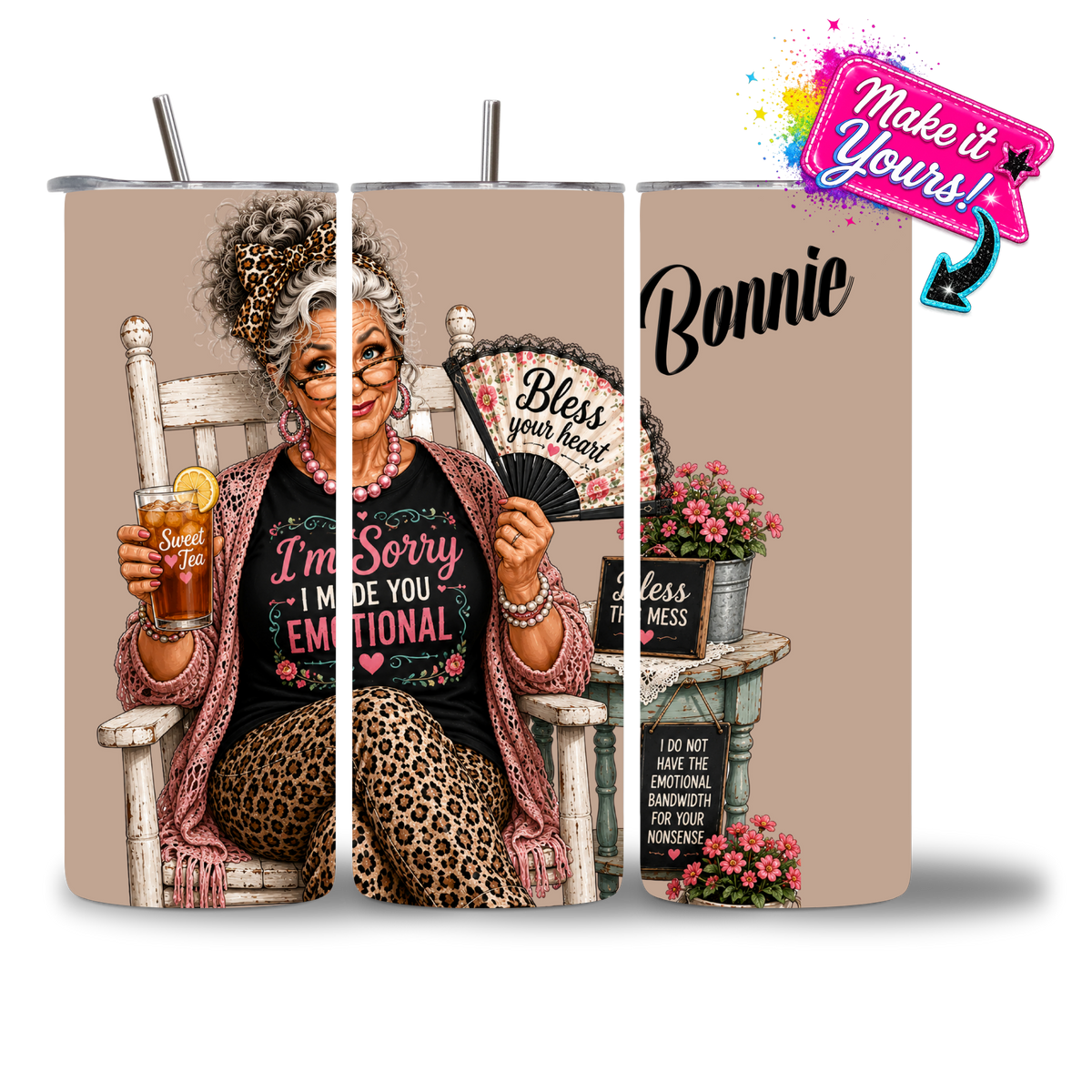 Seasoned & Snarky personalized 20oz water bottle featuring the "Made You Emotional" design.