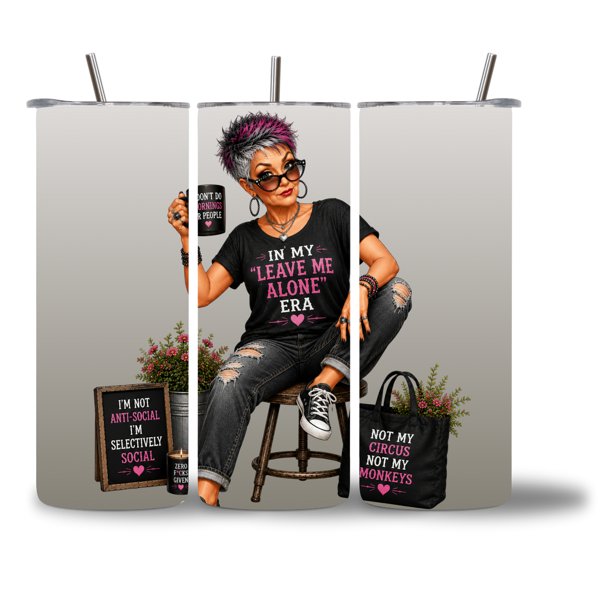 Seasoned & Snarky 20oz water bottle featuring "In My Leave Me Alone Era."