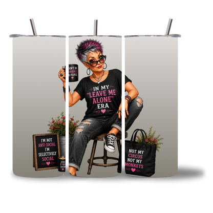 Seasoned & Snarky 20oz water bottle featuring "In My Leave Me Alone Era."