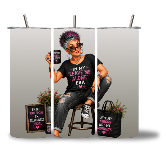 Seasoned & Snarky 20oz water bottle featuring "In My Leave Me Alone Era."