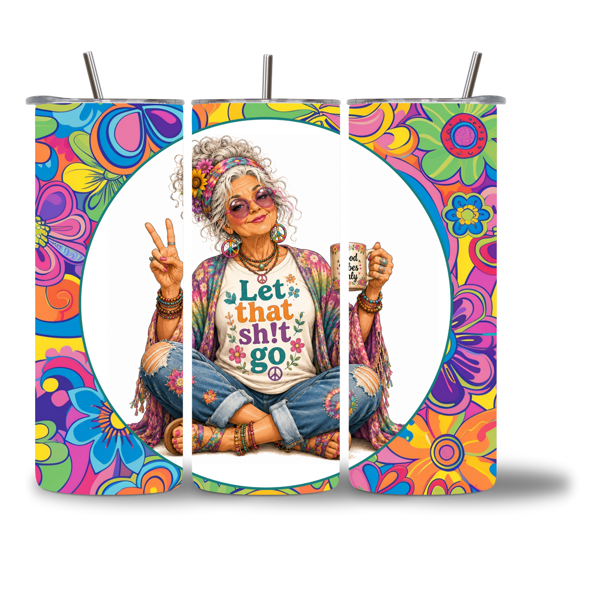 Seasoned & Snarky 20oz water bottle featuring a peace-sign, free-spirit hippie, "Let That Sh!t Go" sentiment