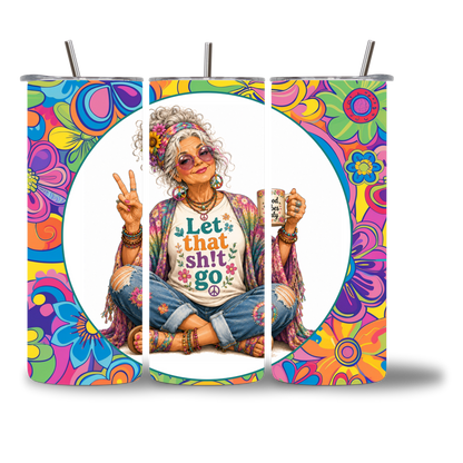 Seasoned & Snarky 20oz water bottle featuring a peace-sign, free-spirit hippie, "Let That Sh!t Go" sentiment