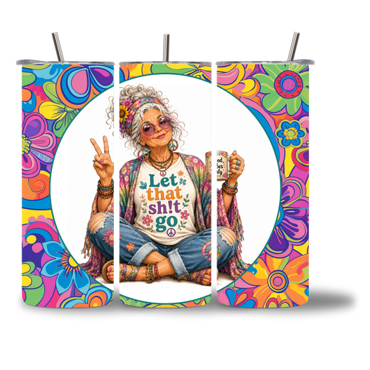 Seasoned & Snarky 20oz water bottle featuring a peace-sign, free-spirit hippie, "Let That Sh!t Go" sentiment