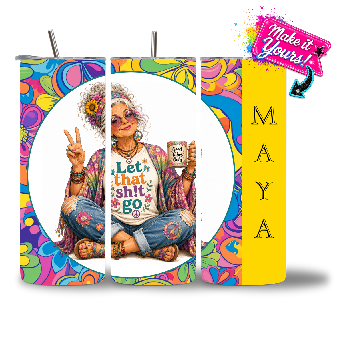 Seasoned & Snarky 20oz personalized water bottle featuring a peace-sign, free-spirit hippie, "Let That Sh!t Go" sentiment