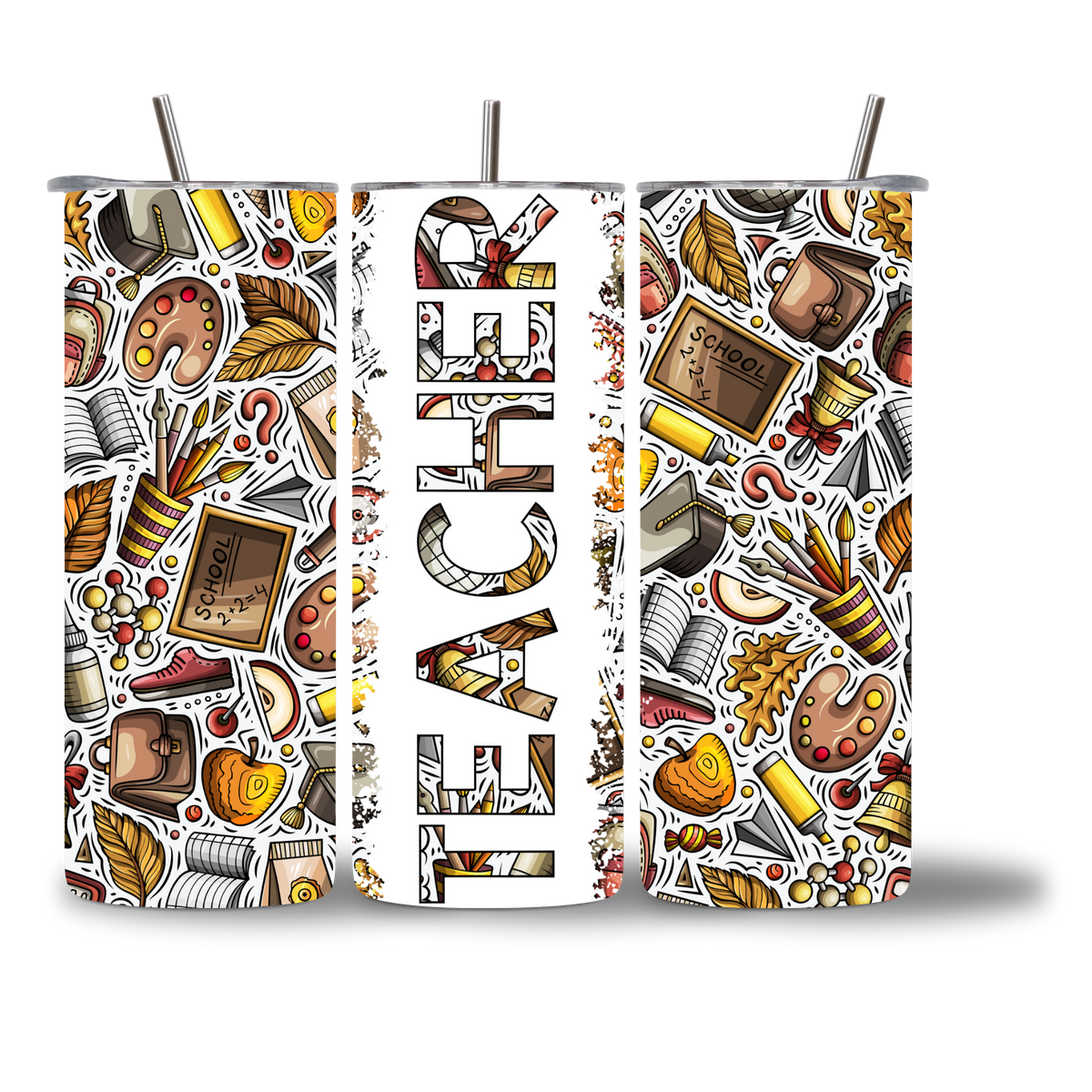 20oz water bottle featuring the word "Teacher" doodled from fall and school-supply icons in warm autumn tones.
