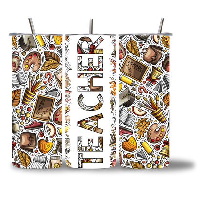 20oz water bottle featuring the word "Teacher" doodled from fall and school-supply icons in warm autumn tones.