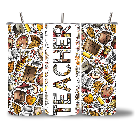 20oz water bottle featuring the word "Teacher" doodled from fall and school-supply icons in warm autumn tones.