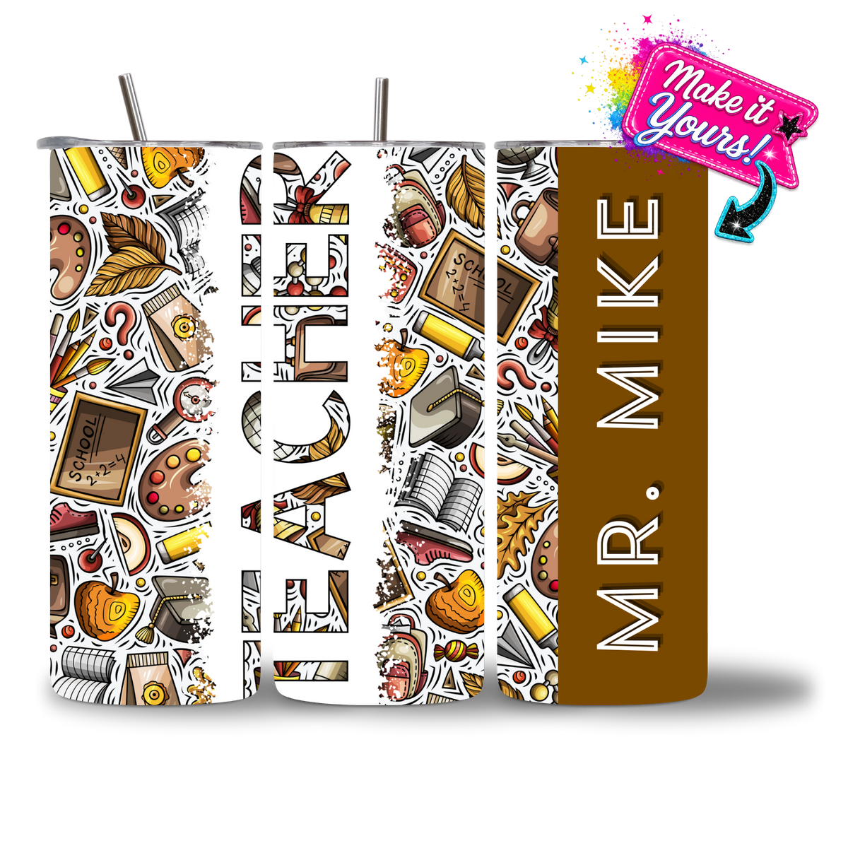 20oz water bottle featuring a fall-themed Teacher design, with a personalized name added.
