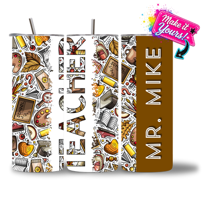 20oz water bottle featuring a fall-themed Teacher design, with a personalized name added.