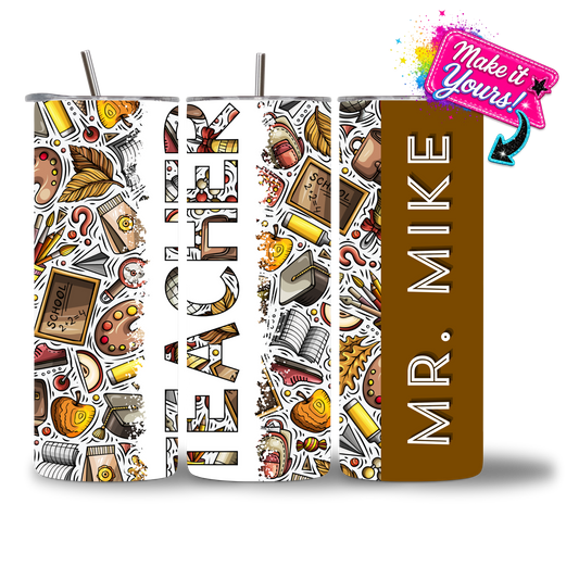 20oz water bottle featuring a fall-themed Teacher design, with a personalized name added.
